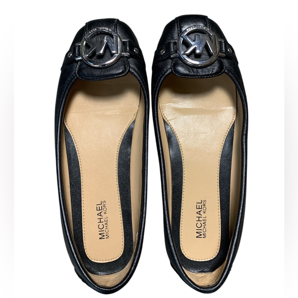 Michael Kors Fulton Black Leather Ballet Flats MK‎ Logo Medallion Shoes 5.5M